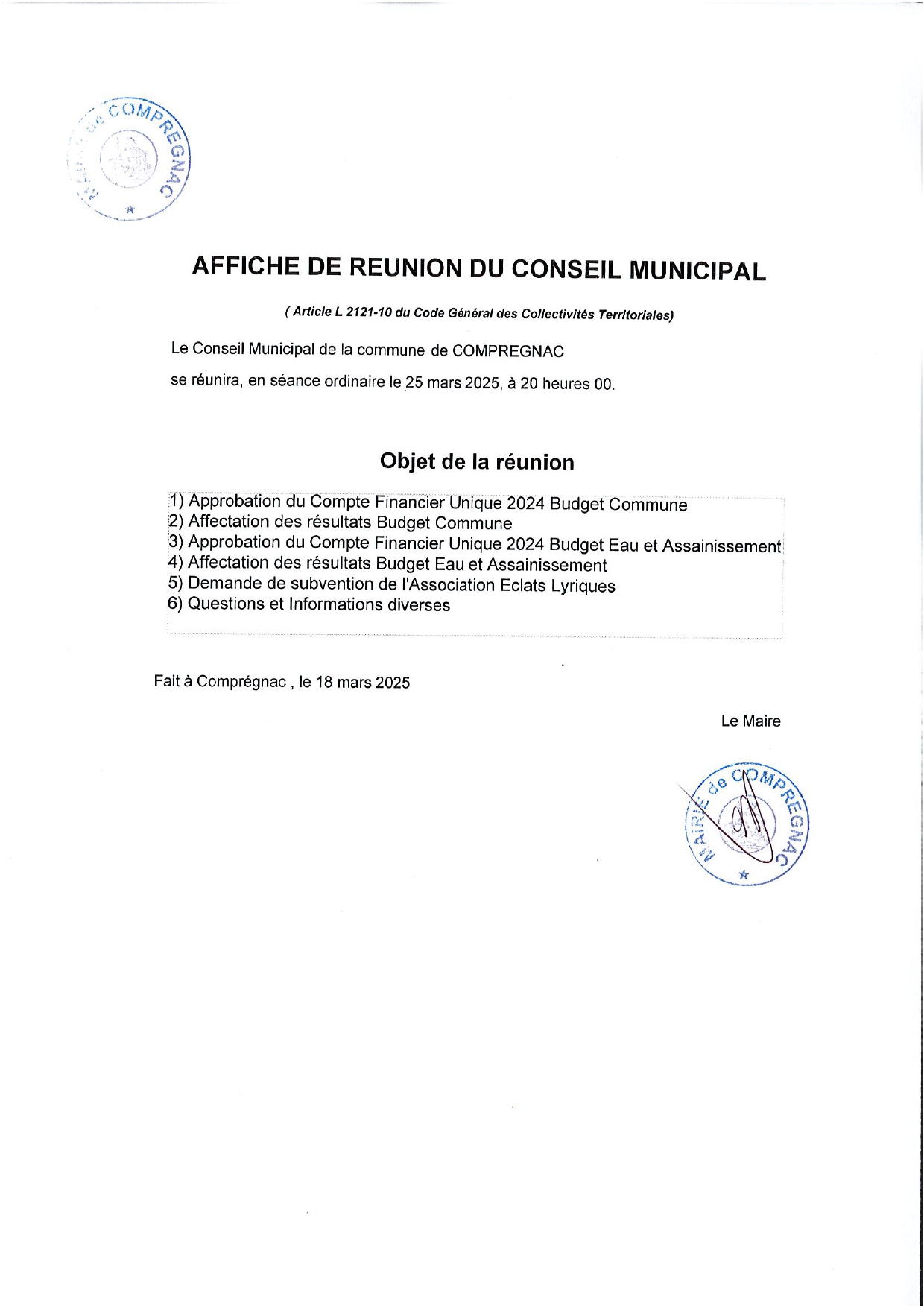 Lire la suite à propos de l’article Conseil Municipal mardi 25 mars à 20h00