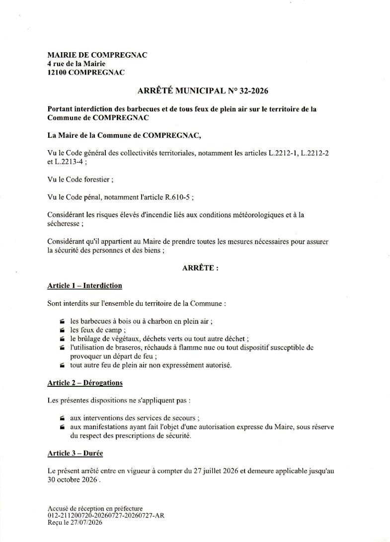 Arrêté 32-2026 interdiction barbecues et feu de plein air