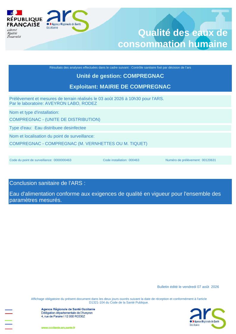 3 août 2026 - Analyses eau potable Comprégnac