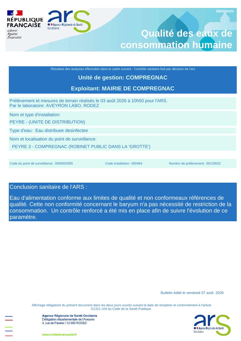 3 août 2026 - Analyses eau potable Peyre